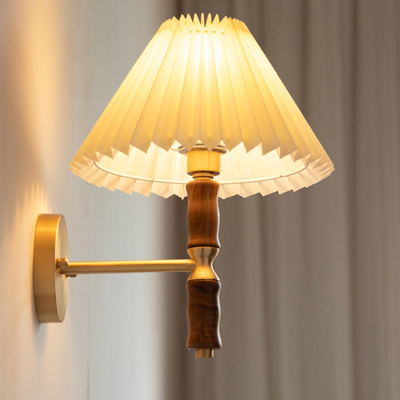 Japanese Vintage Walnut Pleated Umbrella 1-Light Wall Sconce Lamp