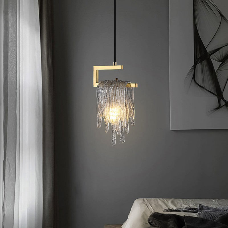 Contemporary Creative Imitation Ice Hanging Glass Tassel Design Brass Frame 1-Light Pendant Light For Living Room