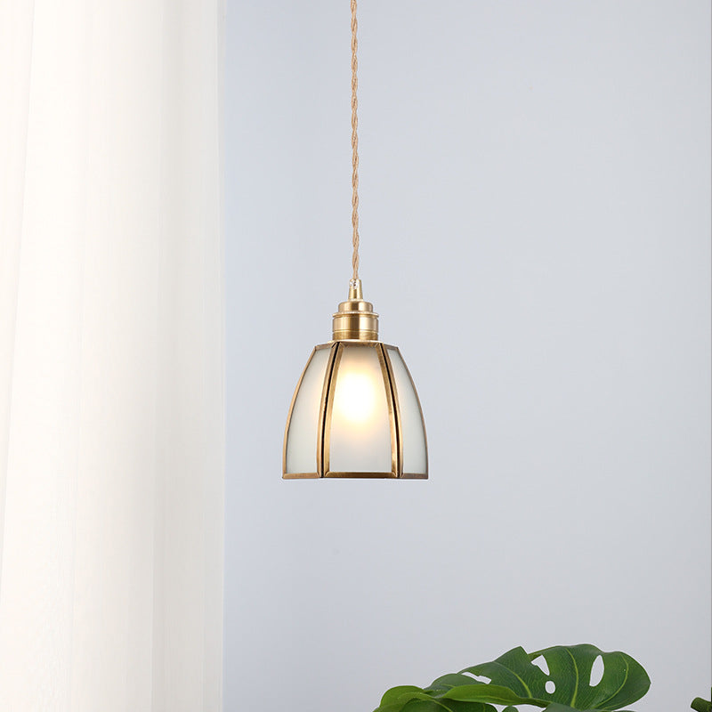 Lámpara colgante vintage tradicional de 1 luz con pantalla cónica de vidrio y cobre para sala de estar 