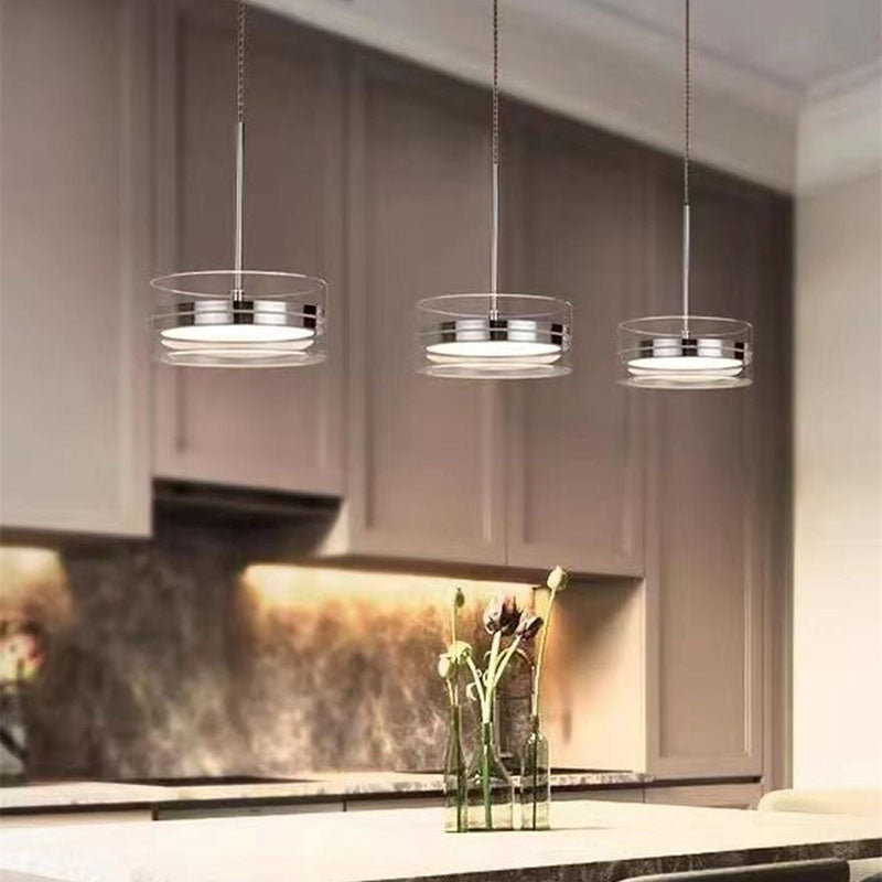 Lámpara de araña LED de isla con pantalla cilíndrica de vidrio de acero inoxidable escandinavo contemporáneo para comedor 