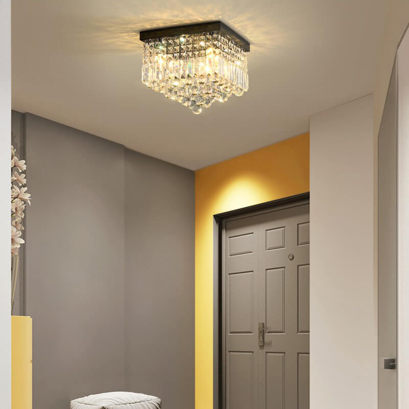 Traditional European Square Crystal Beaded Curtain 4-Light Flush Mount Ceiling Light For Living Room