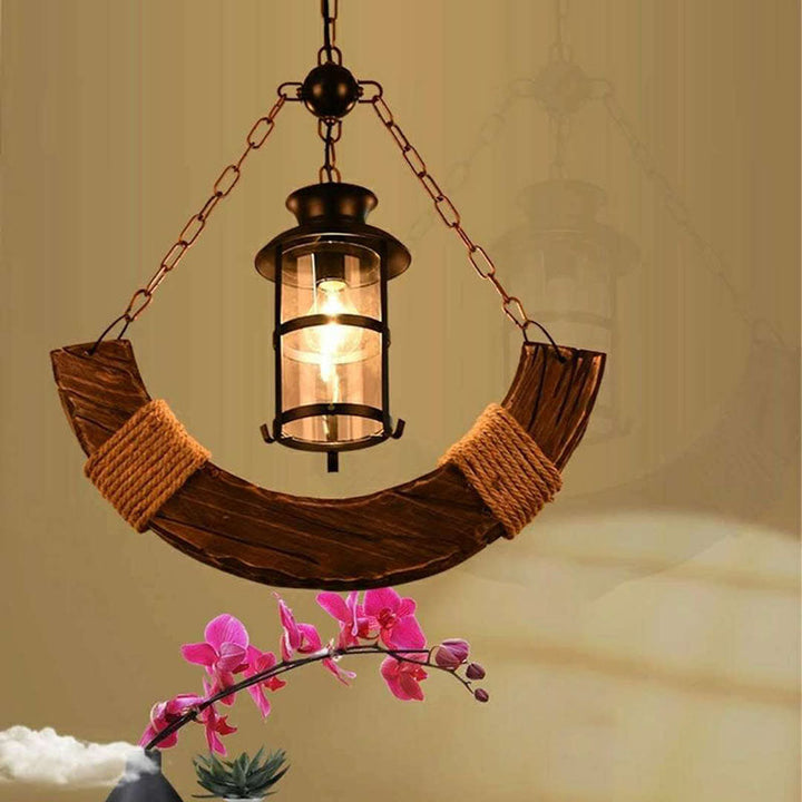 Traditional Farmhouse Arched Wooden Beam Iron Chain 1-Light Pendant Light For Entertainment Room
