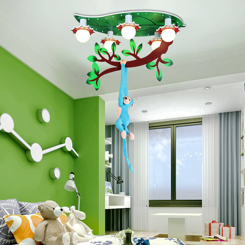 Contemporary Creative Kids Monkey Leaf Acrylic 5-Light Flush Mount Ceiling Light For Bedroom