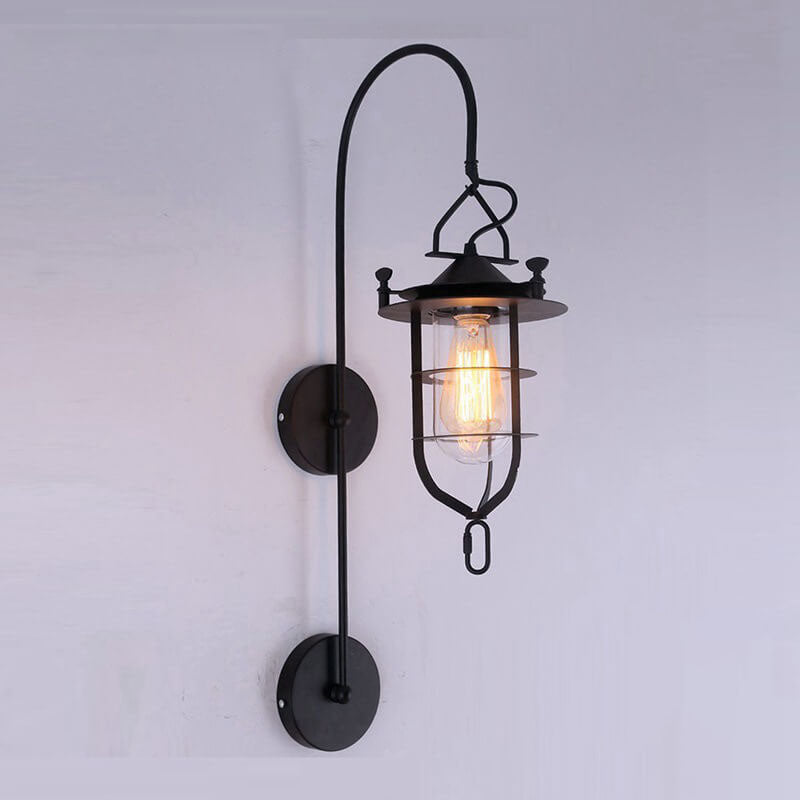 Contemporary Industrial Iron Glass Cage Curved Arm 1-Light Wall Sconce Lamp For Living Room &amp; Bedroom