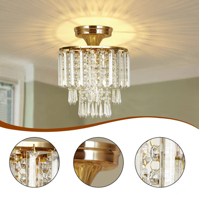 Modern Minimalist Round Tassel Iron Crystal 1-Light Semi-Flush Mount Ceiling Light For Living Room