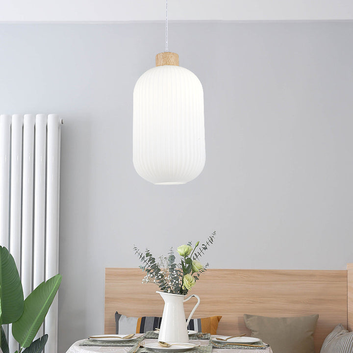 Modern Minimalist Striped Glass Rubberwood Oval Jar 1-Light Pendant Light for Living Room