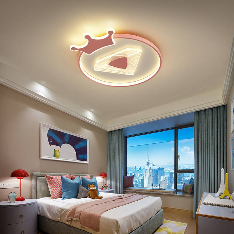 Plafonnier LED pour enfants avec abat-jour acrylique en forme de couronne ronde et diamant de simplicité créative 