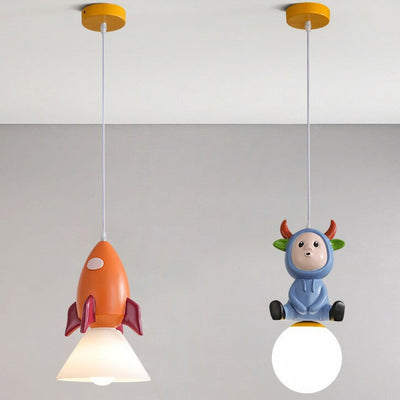 Nordic Cartoon Resin Rocket Snowman 1-Light Kids Pendant Light