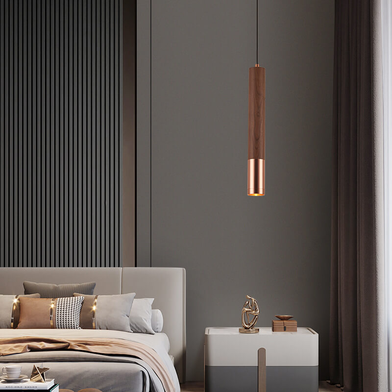 Nordic Minimalist Walnut Strip Aluminum Lampshade LED Pendant Light