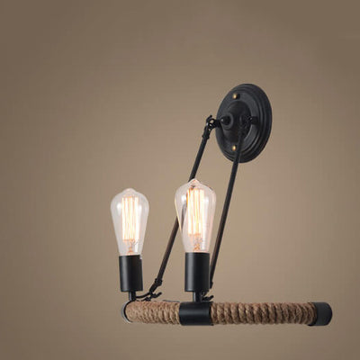 Vintage Industrial Hemp Rope Iron 2-Light Wall Sconce Lamp