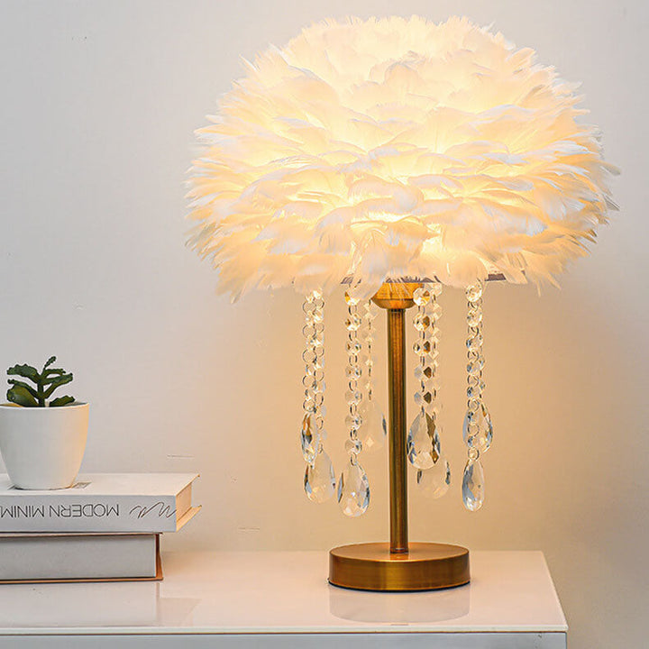 Modern Minimalist Feather Round Crystal Beads 1-Light Table Lamp For Bedroom
