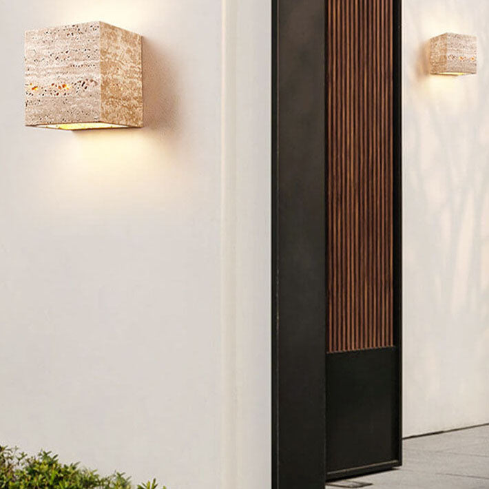Lámpara Aplique de Pared LED Cuadrada Rectangular Minimalista Moderna de Travertino Amarillo para Patio Exterior 