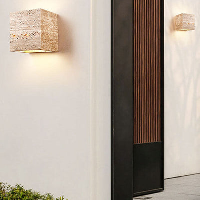 Lámpara Aplique de Pared LED Cuadrada Rectangular Minimalista Moderna de Travertino Amarillo para Patio Exterior 