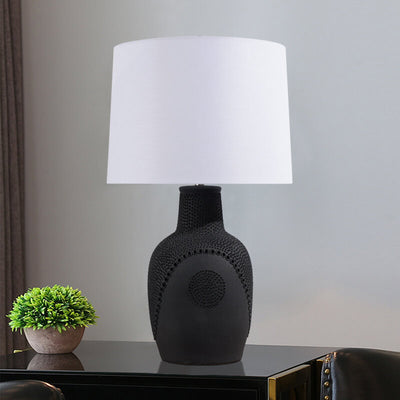 Lámpara de mesa de 1 luz con tambor de tela y jarra de cerámica en blanco y negro minimalista moderno 
