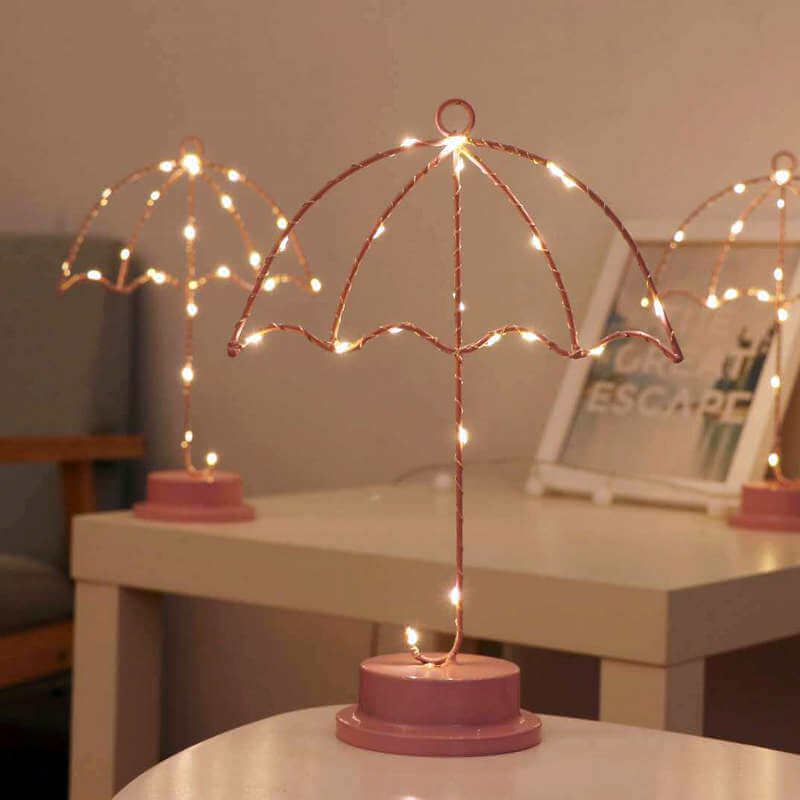 Parapluie créatif en fer rose, LED, batterie décorative, veilleuse USB, lampe de Table 