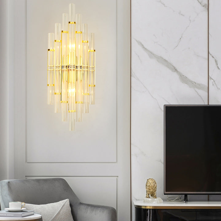 Modern Luxury Crystal Hardware Geometric Column Rechargeable 2-Light Wall Sconce Lamp For Living Room &amp; Bedroom