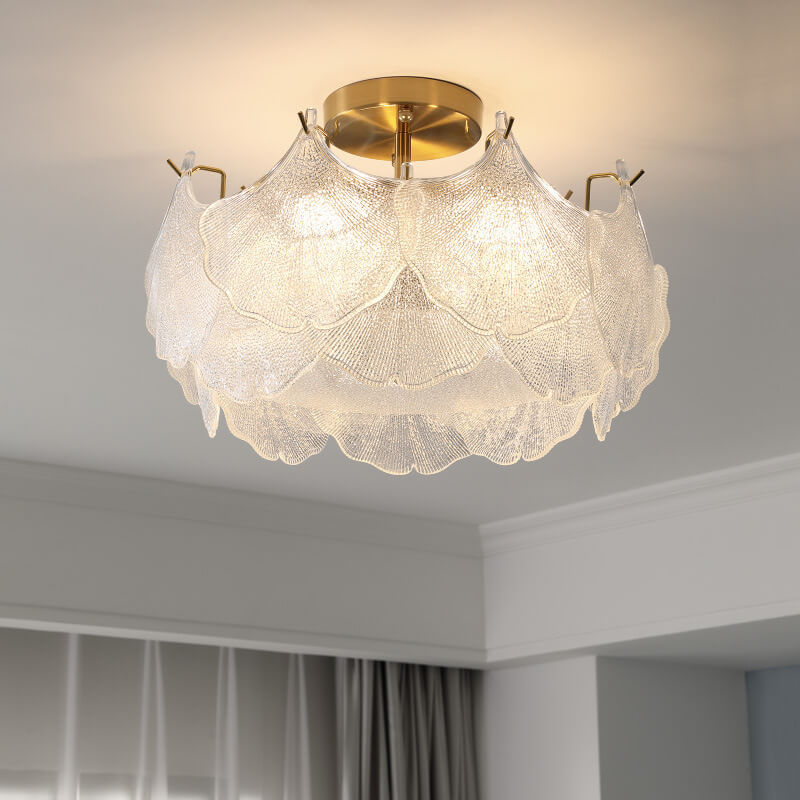 Traditionelle französische Ginkgo-Blatt-Hardware-Glas 5/8 Licht Semi-Flush-Mount-Deckenleuchte für das Wohnzimmer 