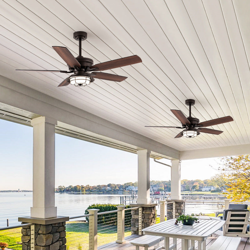 Lame de ventilateur en bois étanche industrielle contemporaine, cadre rond en fer, tiges LED, lumière de ventilateur de plafond pour Patio extérieur 