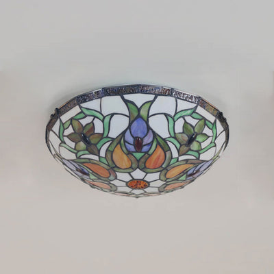 European Tiffany Flowers Stained Glass 3-Light Flush Mount Ceiling Light