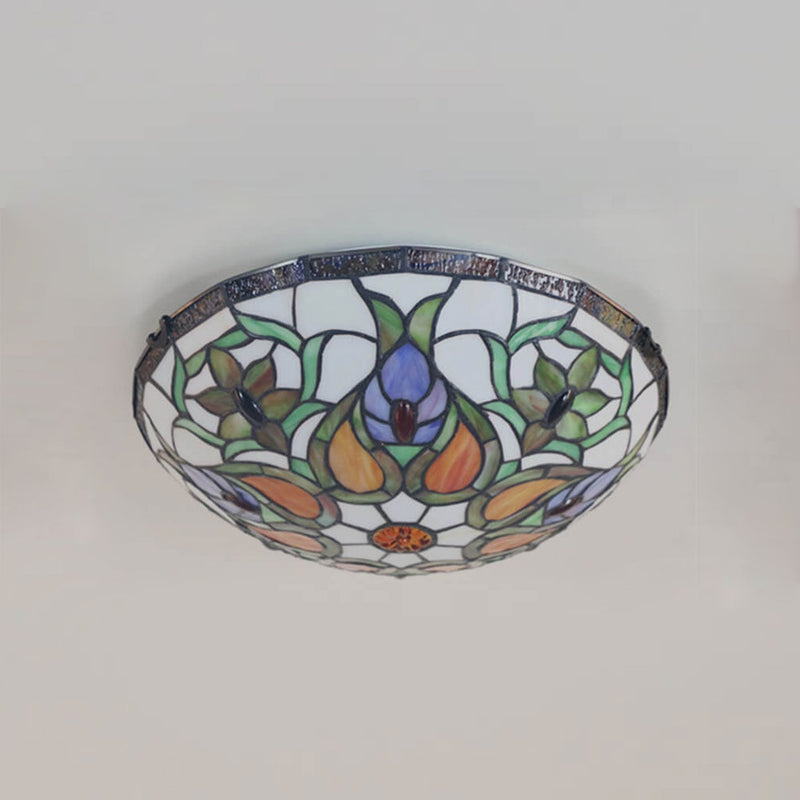 European Tiffany Flowers Stained Glass 3-Light Flush Mount Ceiling Light