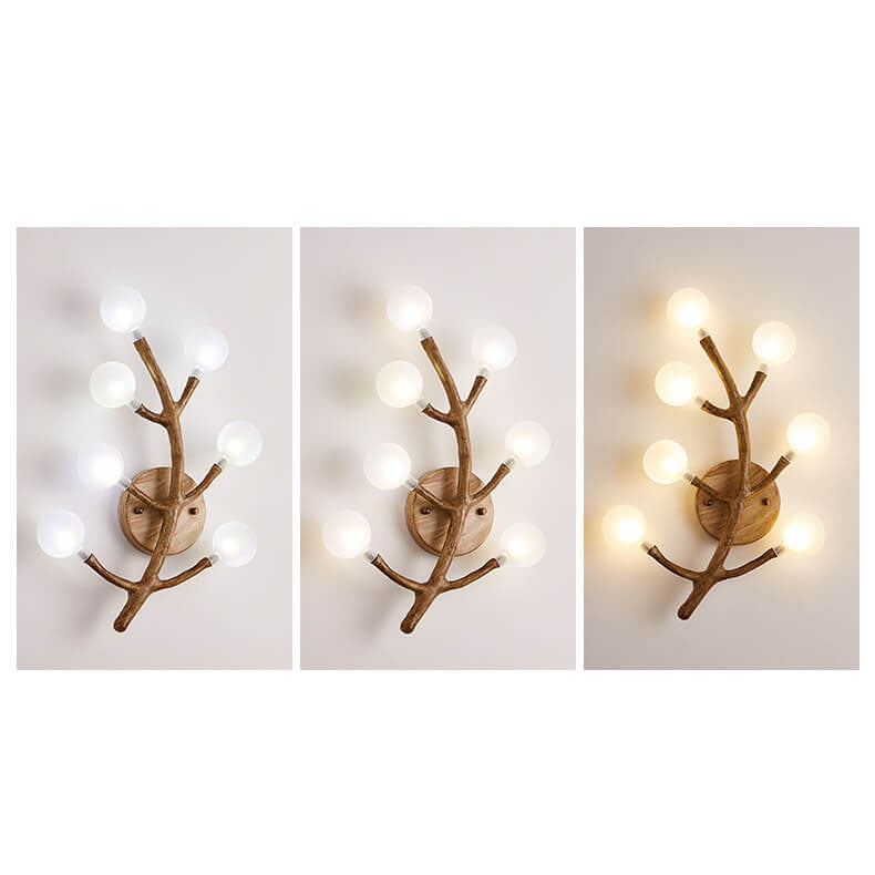 Traditional Vintage Tree Fork Resin Glass 7-Light Wall Sconce Lamp For Bedroom