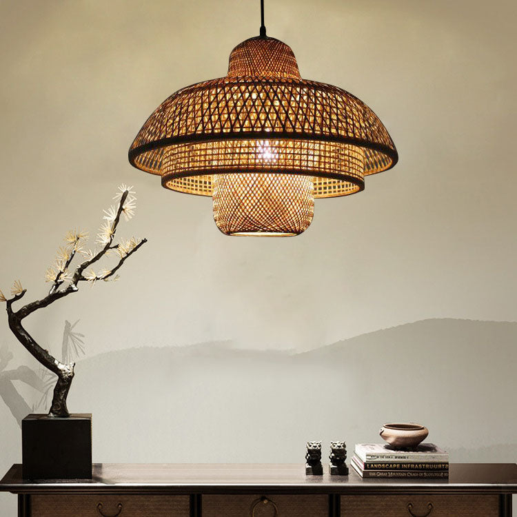 Japanische Vintage Triple Bamboo Weaving 1-Licht-Pendelleuchte 