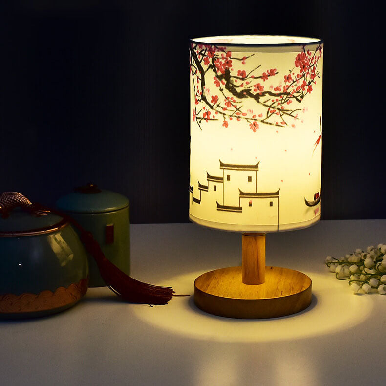 Modern Minimalist Fabric Column Landscape Wood LED Table Lamp