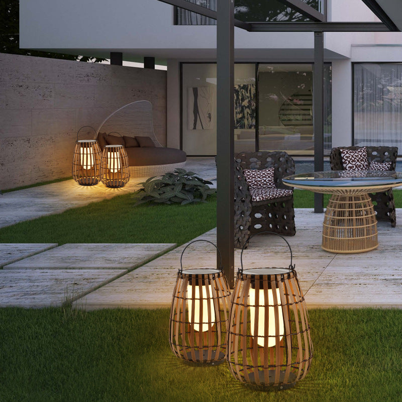 Contemporary Retro Imitation Rattan Weaving Cage Waterproof LED Lawn Landscape Light For Garden