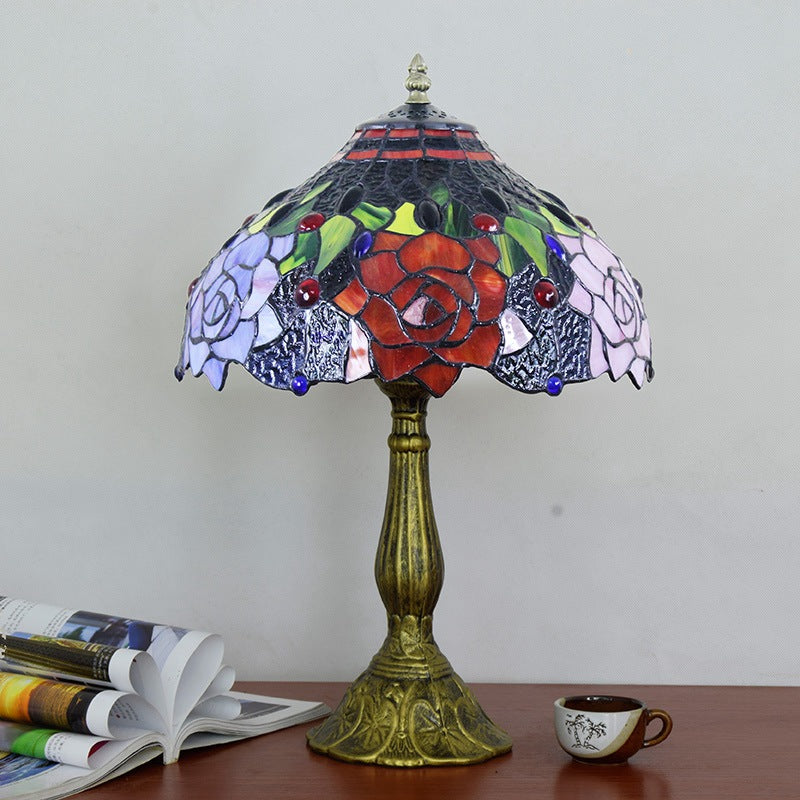 Traditional Tiffany Stained Glass Rose Shade Aluminum Alloy Base 1-Light Table Lamp For Study
