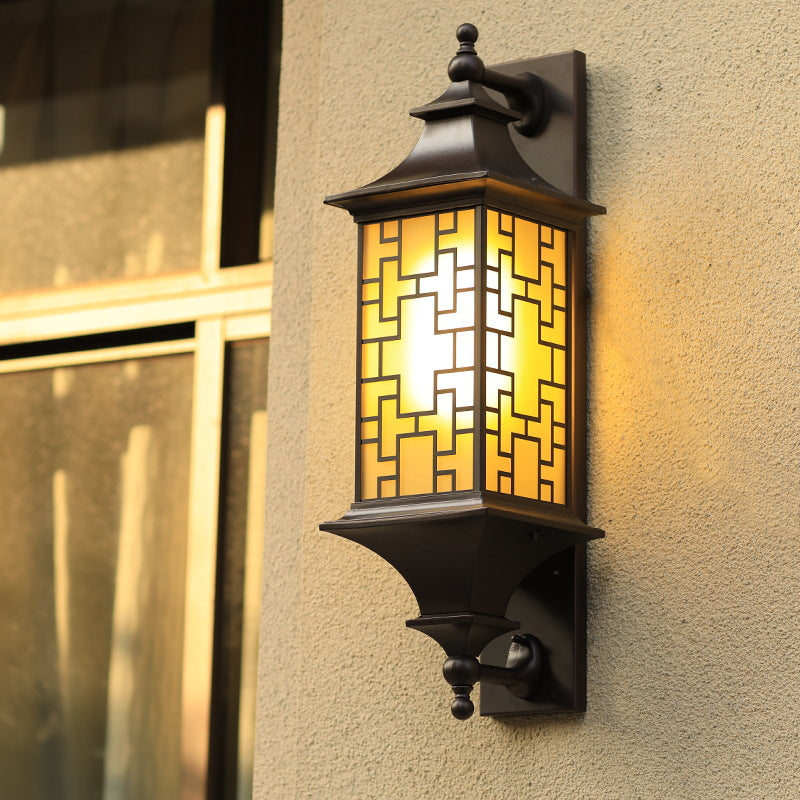 Outdoor Chinese Square Lantern Cage Waterproof 1-Light Wall Sconce Lamp