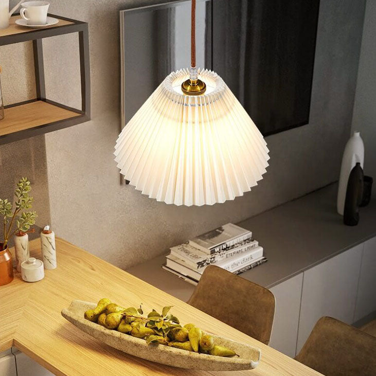 Japanese Minimalist Pleated Solid Wood Fabric 1-Light Pendant Light