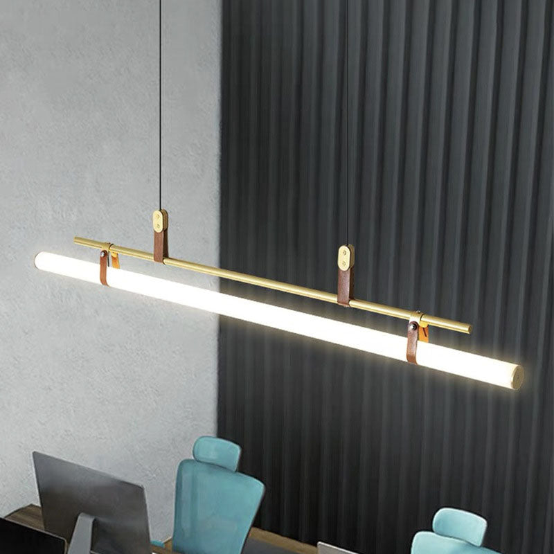 Moderner minimalistischer langer Streifen aus Eisen, Acryl und Kunstleder, LED-Insel-Leuchter für Wohnzimmer und Esszimmer 