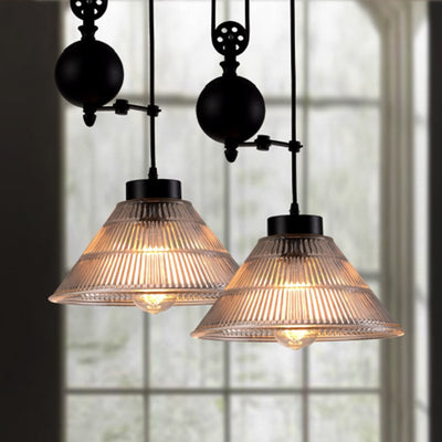 Contemporary Transitional Iron Pulley Liftable Pleated Glass Shade 1-Light Pendant Light For Dining Room