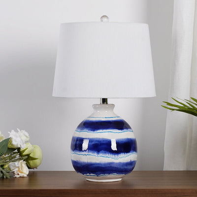 European Vintage White Cone Fabric Blue Ceramic 1-Light Table Lamp