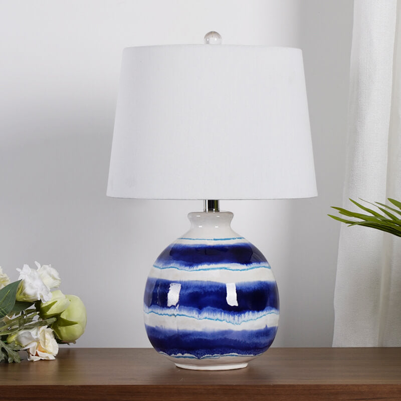 European Vintage White Cone Fabric Blue Ceramic 1-Light Table Lamp