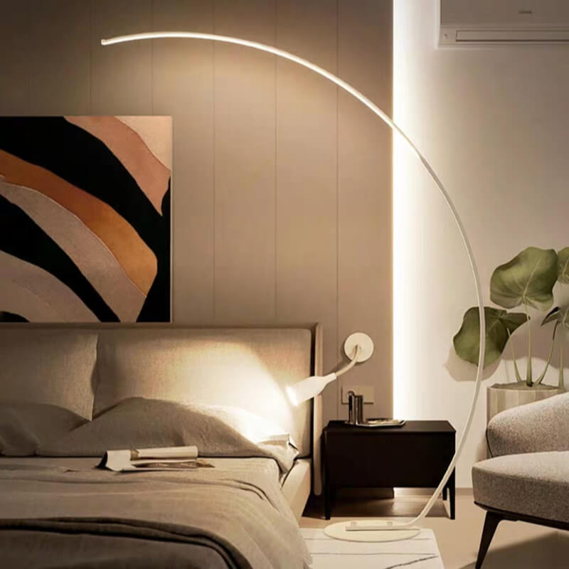 Moderne minimalistische Bogen-Stehlampe in Angelrutenform aus PVC und Aluminium mit 1-flammigem kreisförmigem LED-Leuchtkopf für das Wohnzimmer 