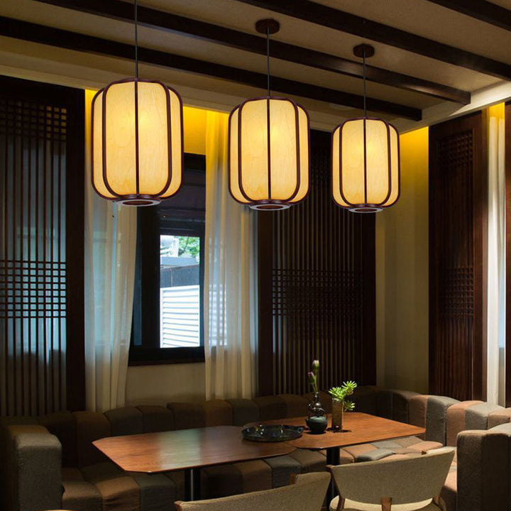 Traditional Chinese Faux Sheepskin Wooden Lantern Round 1-Light Pendant Light for Living Room