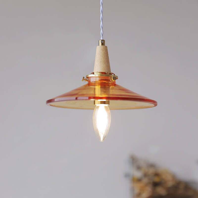 Vintage Orange Glass Cone Solid Wood 1-Light Pendant Light