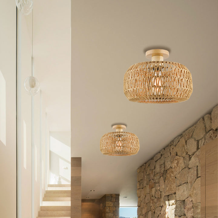 Contemporary Boho Paper Rope Twine Weaving Drum 1-Light Semi-Flush Mount Ceiling Light For Living Room