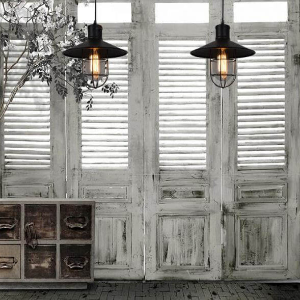 Contemporary Industrial Round Black Cage Iron 1-Light Single Bell Pendant Light For Living Room