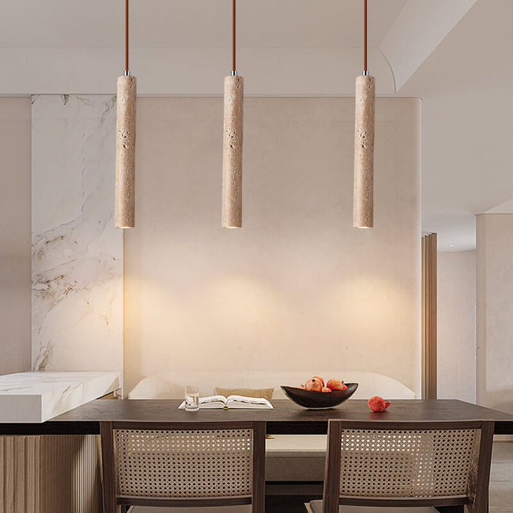 Japanischer Wabi Sabi Gelber Travertin Zylinder 1-Licht Pendelleuchte 