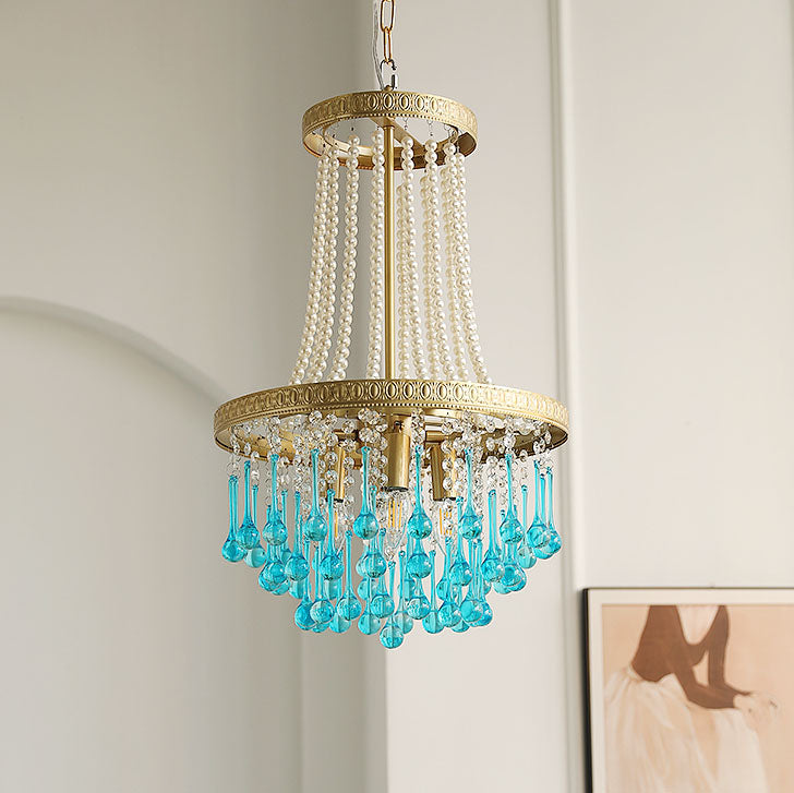 Lámpara de araña ovalada multicapa de cristal y hierro de lujo contemporáneo de 4 luces para sala de estar y dormitorio 