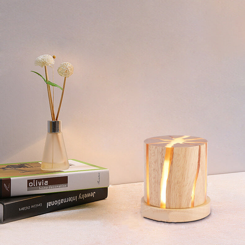 Nordic Minimalist Wooden Resin Column Mini LED Night Light Table Lamp