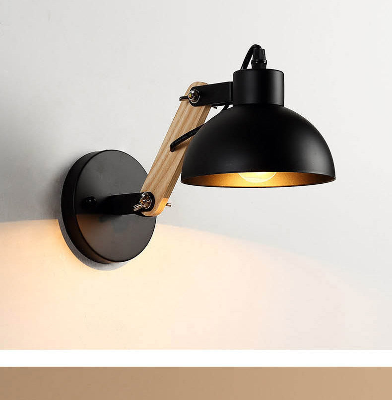 Industrial Simple Dome Retractable Wood Arm 1-Light Wall Sconce Lamp