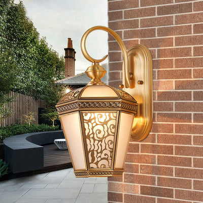 European Modern Hexagonal Lantern Copper Glass Waterproof 1-Light Outdoor Wall Sconce Lamp