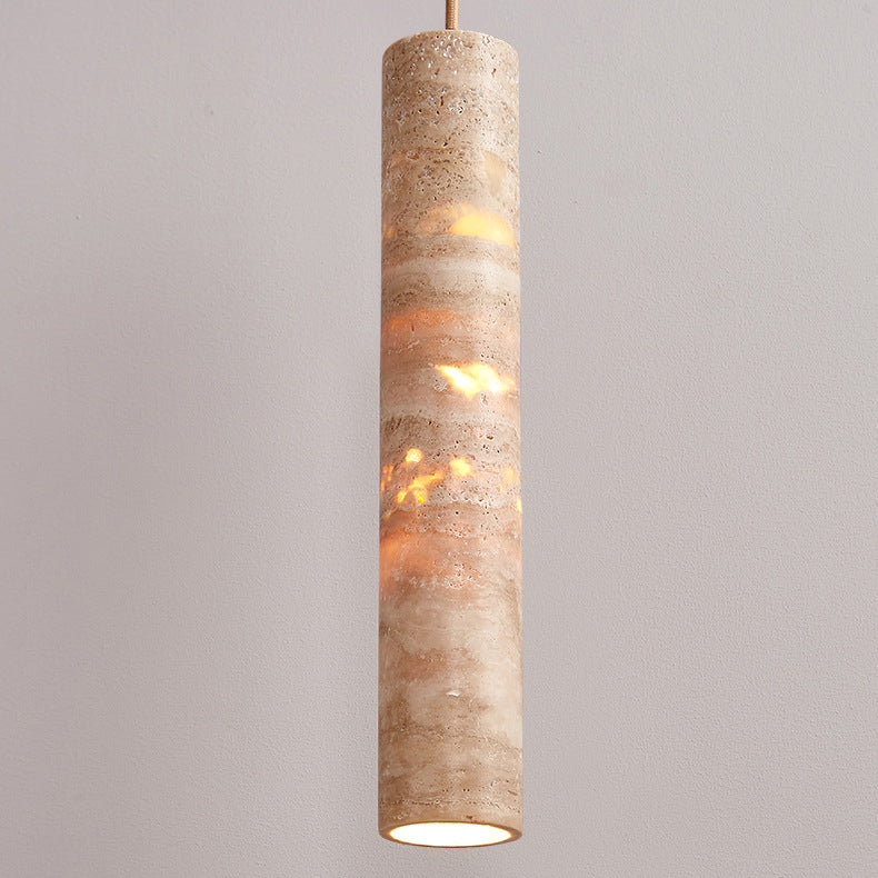 Modern Minimalist Cylindrical Natural Yellow Travertine 1-Light Pendant Light For Bedroom