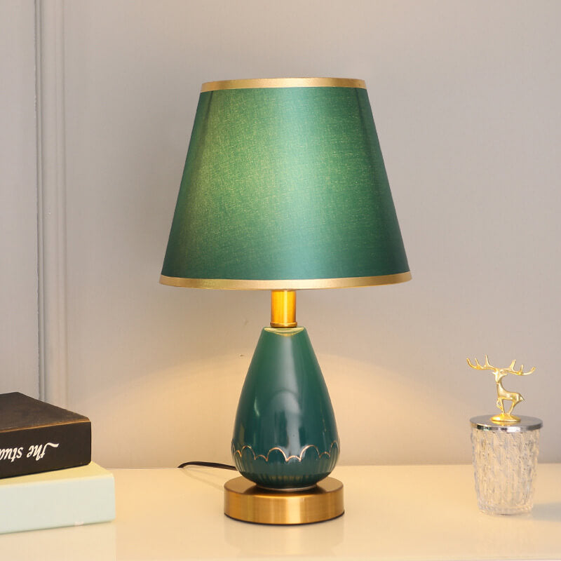 Lámpara de mesa de 1 luz con base de jarrón minimalista moderno redonda trapezoidal de cerámica, metal y tela para dormitorio 