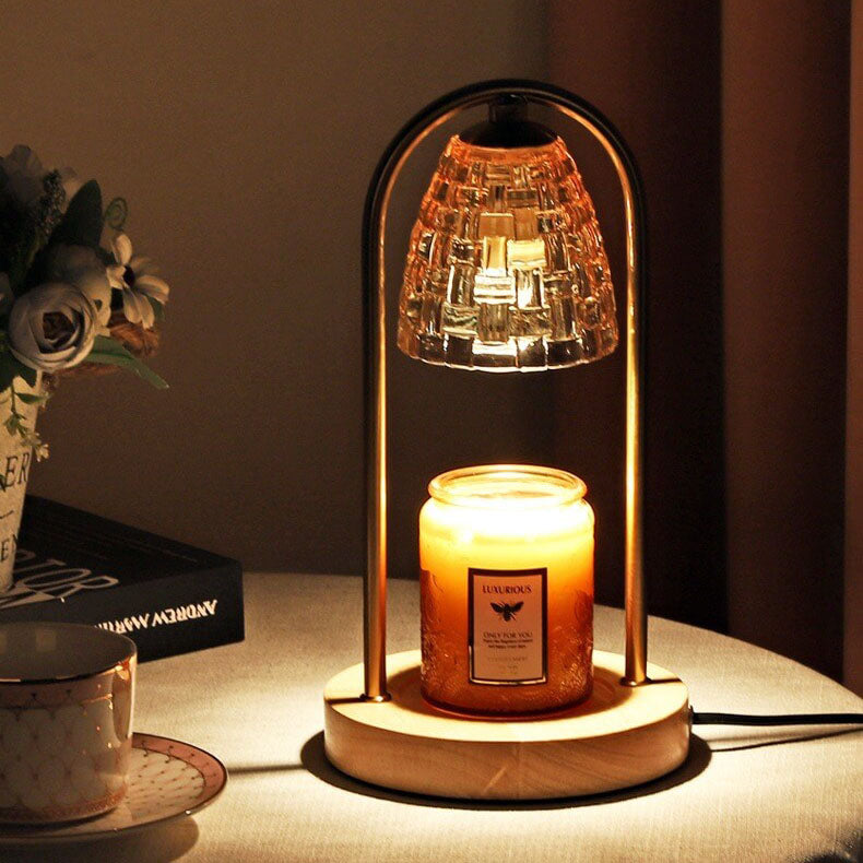 Lampe de table à cire fondue à 2 lumières avec abat-jour en verre de luxe moderne et base en bois 