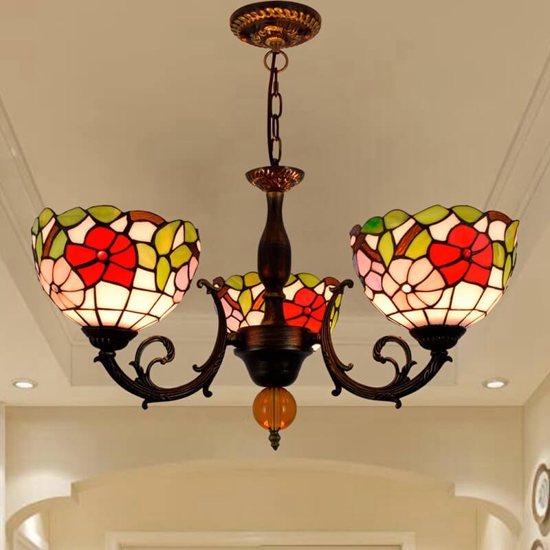Tiffany Rustic Floral Stained Glass 3-Light Chandelier