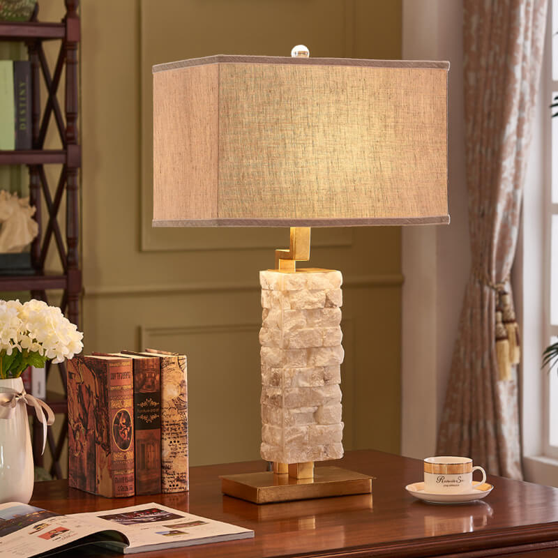European Luxury Square Fabric Marble Column 1-Light Table Lamp
